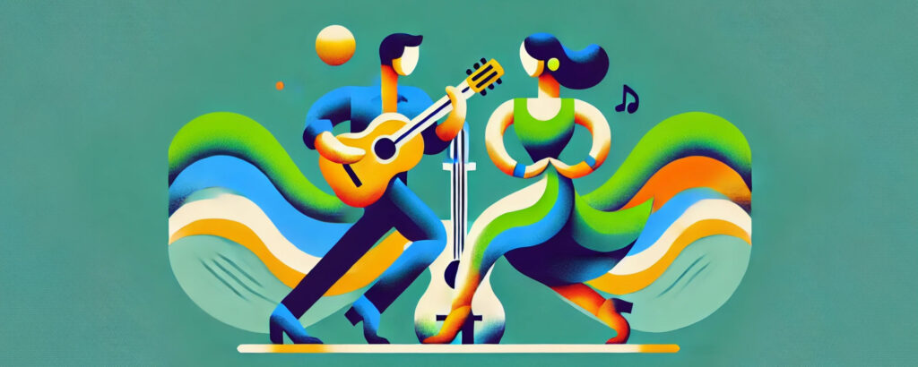 two dancing figures and a guitar, evoking the lively spirit of Austin’s dance culture and musical heritage